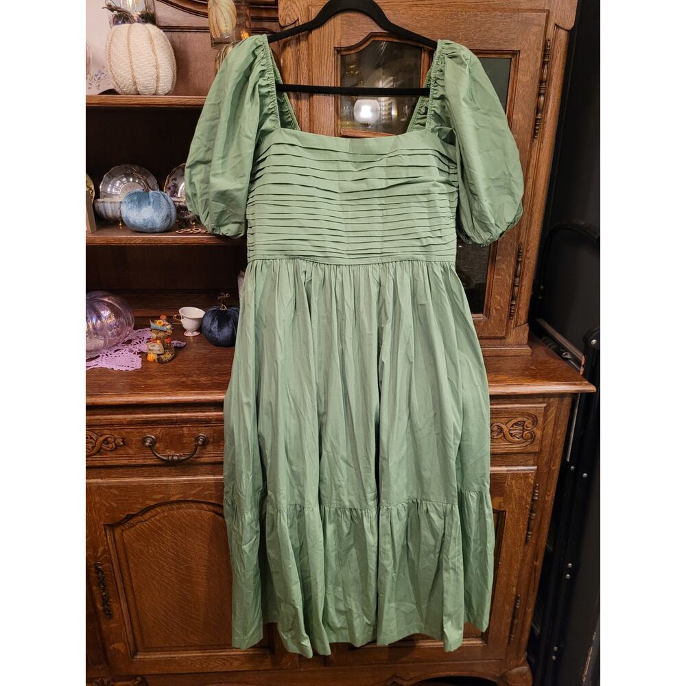 Abercrombie Emerson Poplin Puff Sleeve Midi Dress Green L Cottagecore - Picture 2 of 7
